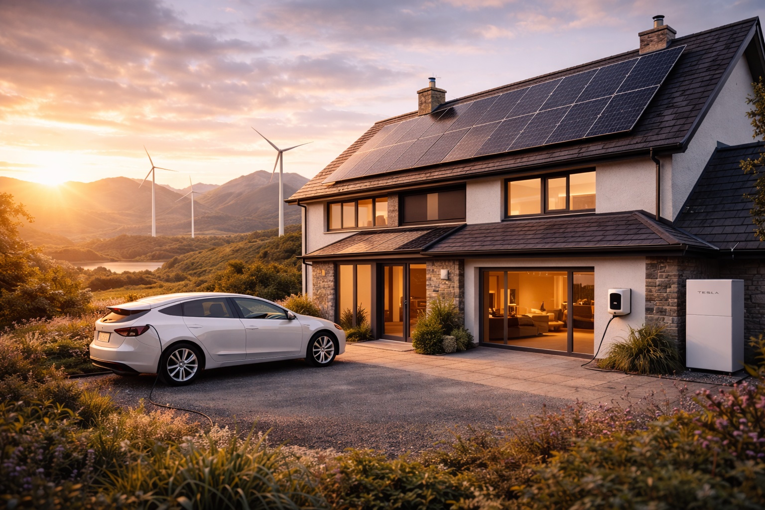 Modern Scottish home with solar panels, battery storage, and EV charging - complete renewable energy system installation in Scotland